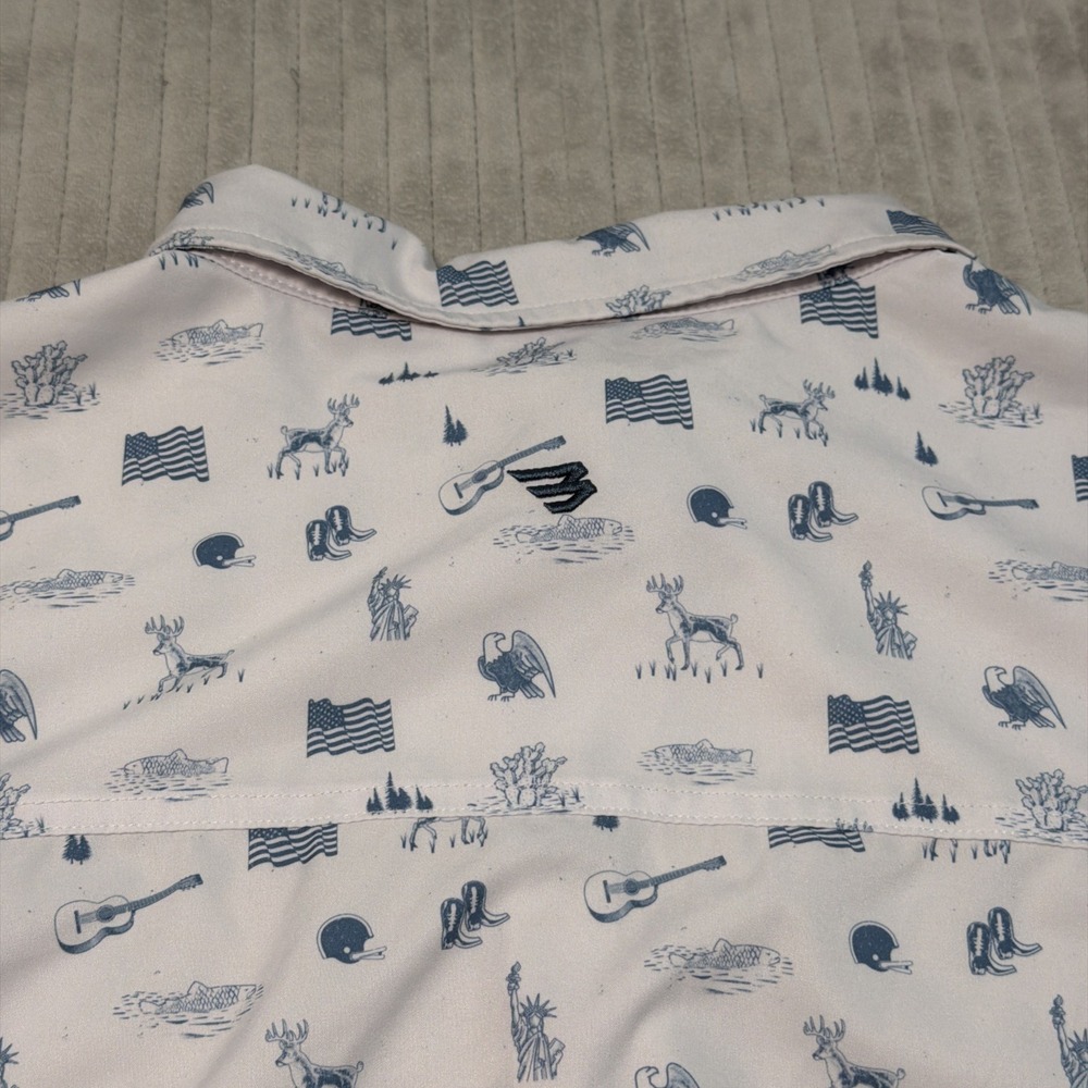 Burlebo Mens XL Texas Print Short Sleeve Button Down Shirt Cream Performance - Picture 8 of 8